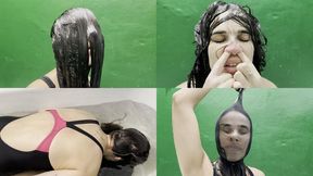 Mary washes her hair and plays with her nose