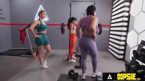 Two babes wreck Nicole Aria’s gym threesome turns into futa cum fest