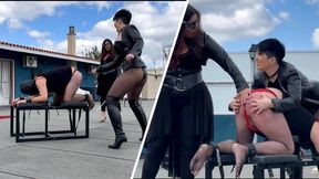 Leather-clad Mistress Alexandra and Mistress Julieta cane her disobedient slave