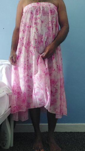 Shemale in a Silky seethrough floral fleared chiffon skirt