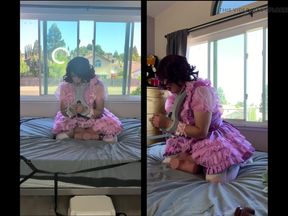 Pink Satin Sissy Maid Rides Her Sex Doll Toy While Locked