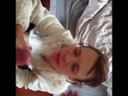 Girl in fur coat sucking and jerking dick gets cum all over her mouth