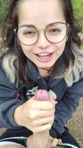 Amateur Outdoor Blowjob &amp; Facial  Cute Nerd Brunette, Brown Eyes, Big Dick