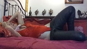 2514bv - French Amateur who wears Satin Outfit with Stockings and High Heels, Fucks, Licks Asshole, Sucks Dicks