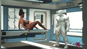 Busty ebony gets a hard anal pounding from a sex robot in the medbay