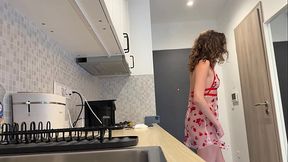 Super hot girl in no panties in a fully see through transparent dress in the kitchen to flash hairy pussy and ass