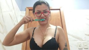 Brushing my dirty, yellow teeth vigorously