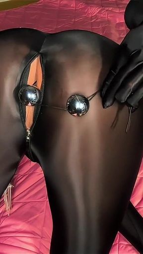 Black Shiny Zentai Suit Sissy Femboy Plays with Anal Beads with Huge Cumshot