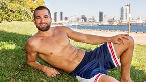 Bearded beefcake guy jerking his STIFF hard-on
