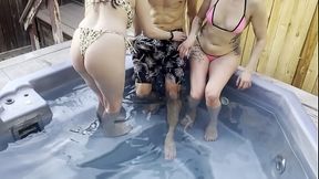 DICKFLASH cleaner and 2 girls hot tub adventure(1/4) FFM Cleaner helps two girls clean their pipes and cums on their faces