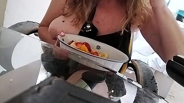 Titty cooking and having lunch