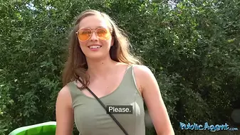 Public Porn - 19yr old with perfect natural tits sucks cock outside and lets agent fuck her pussy