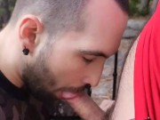 Hairy boys blowing a load together on a mountain top.