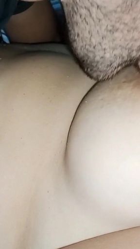 My Husband Sucks on My Big Natural Breasts and Erect Nipples, Putting Different Candies on Them.