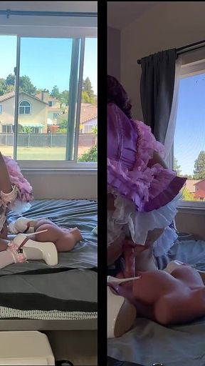 Pink Satin Sissy Maid Rides Her Sex Doll Toy While Locked