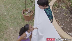 Dark-haired MILF Olivia Jayys seduces attractive neighbor with intense workout teasing