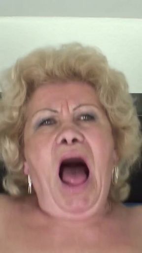 Key moment from &quot;Hairy granny in bikini rides dick and gets cum on face&quot;