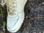 Piss and cum - Cleaning used white sneakers with pee and cum and pee again in the garden