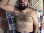 Big very hairy Italian bearded bear horny moaning wanking on the bed. Orgasm face Beautiful Agony