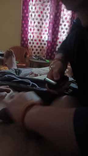 Indian Desi Bhabhi Sucking and Giving Handjob to Lover N Cuting His Private Hair