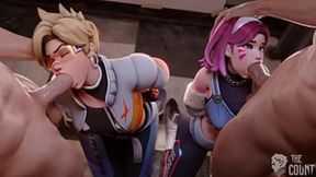 Tracer deepthroats big cock while Dva rides
