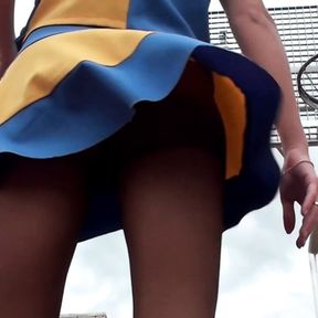 Lorine in Cheerleader Uniform and Pantyhose Shooting Balls and Flashing