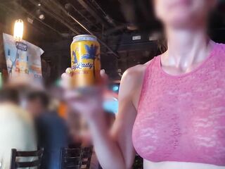 Sheer top in public (street, store, bar)