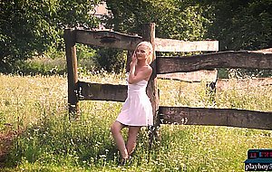 Perfect natural European MILF blonde Zazie Skymm solo striptease outdoor