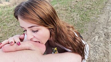 Blowjob outdoors with cum in mouth and perky tits