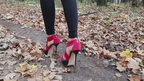 high heels sinking, heels stuck in ground, high heels in a forest, high heels ground stuck
