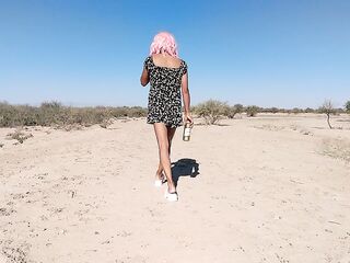 Femboy wench in mini costume undresses in public and puts butt-ramming in her booty very sexy