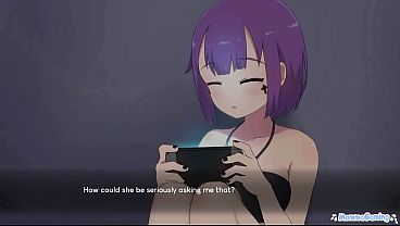Cute girl in a swimsuit faces the Grim Reaper in an anime visual novel game