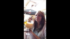 Deb's Enjoying Her Marguarita Before Driving To California in Her Foot Crusted Cum Filled Beige Montego Bay Club Wedge Heel Sandals  As She Drives & Her Dirty Crusty Sandals Afterwards 2