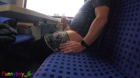 I use a short train ride to jerk off my horny foreskin penis.