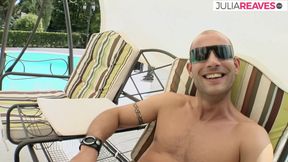 Blonde spreads legs as she gets fucked in the ass by a huge cock