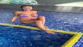 Monika Fox Strips To Purple Bikini &mdash;  Swims Then Struts By Window Amid Cityscape