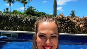 Chubby woman in a white bikini smoking by the pool – Dunhill White 100