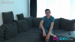 18-year-old slim hairless refugee at the German casting interview with small penis and white socks