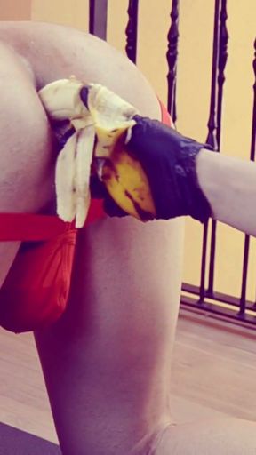 Extreme femdom milk enema stuffing bananas in his ass   Clip 2
