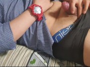 RED WATCH GUY BIG COCK INSIDE BLACK CALVIN KLEIN GLOSSY BOXERS DADDY IS JERKING OFF