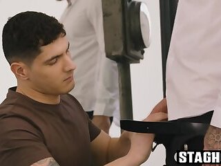 Bastian Karim down on his knees before Rico Vega and whips out his cock for him