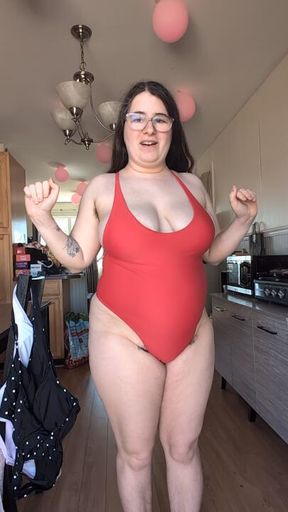 Trying on thong one piece swimsuits naked