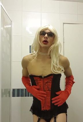 Blonde Jessica Giving a Little Tease, Feeling Horny Black Red Corset, Stockings, 6 Strap Suspenders, Lace Underwear