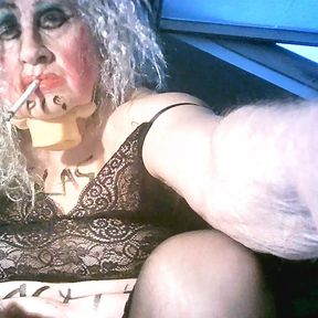 Sissy bimbo shitcunt fag pig slut Sarah Millward, smokes, wanks, double penetrates herself  with 9 inch balck dildo