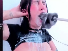 Small titted brunette Sharron with glasses masturbates