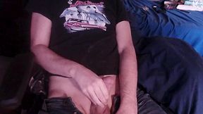 Thick 17x5 circumcised cock in jeans &amp; shirt jerk off with moans to thick cumshot load