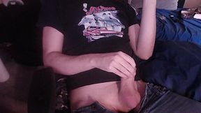 Thick 17x5 circumcised cock in jeans &amp; shirt jerk off with moans to thick cumshot load