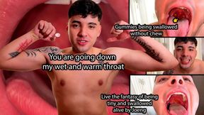 Macro vore Joeng swallows tiny person with open mouth jumping to his anaconda throat