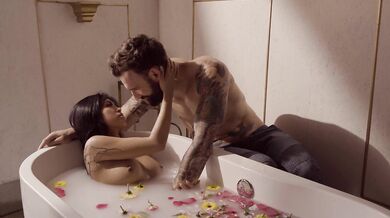Ember Snow's soapy bathtub oral with him fingering her tight pussy