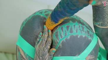 Extreme TATTOO dreadhead ANAL riding huge TOY